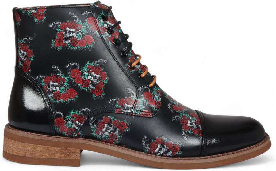 Justin Reess Heren Zwarte Oxford Enkellaarsjes van Leer met Bloemenprint Adam Skull