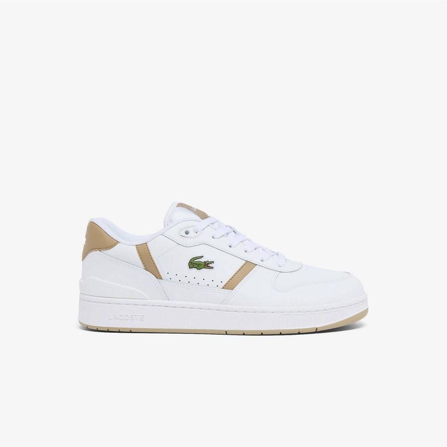 Lacoste Leren platte sneakers voor heren met T-clip (Wit bruin)