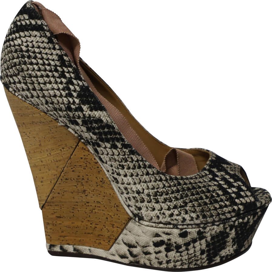 Lanvin Pre-owned Lanvin Leren Houten Wedge Peep-toe Sandalen met Pythonprint en Bandjes