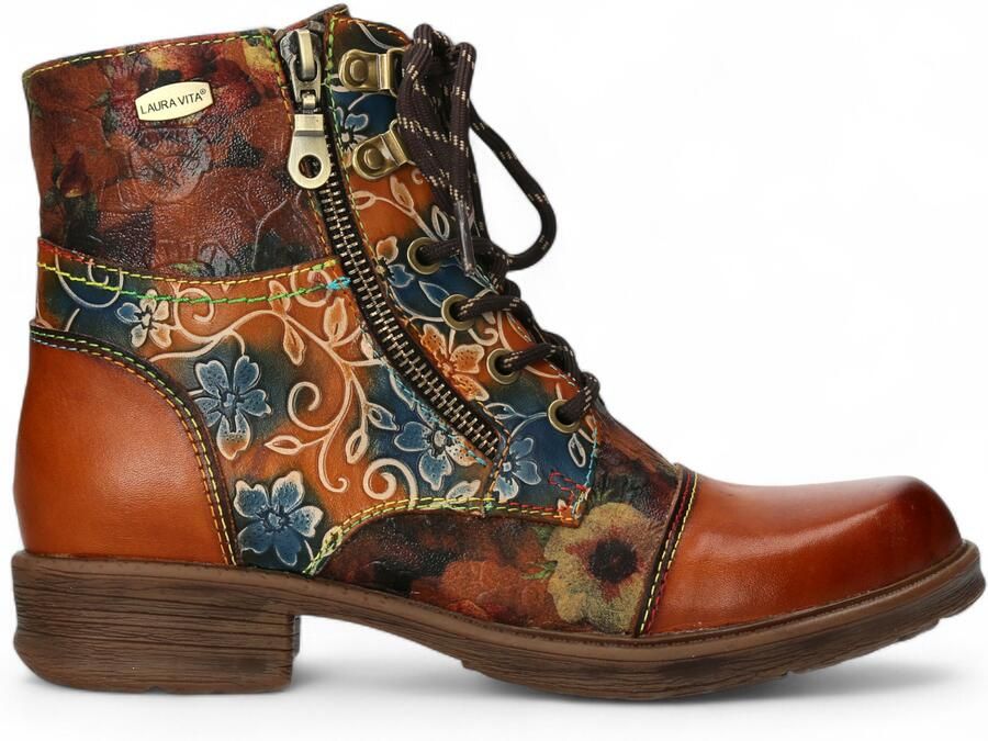 Laura vita Anita 006 Camel Brown Floral Dames Gothic Victoriaanse Leren Enkellaarsjes