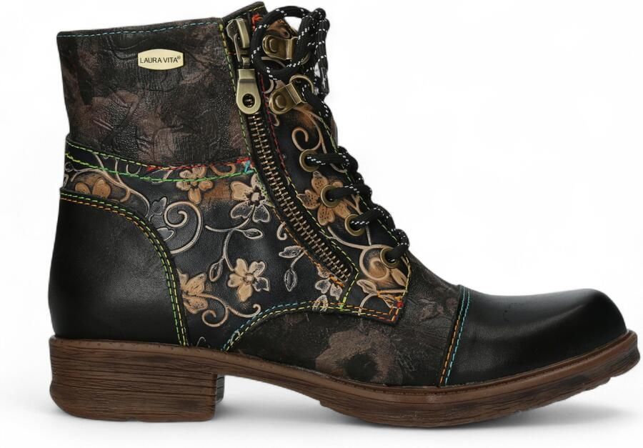 Laura vita Anita 006 Zwarte Bloemen Dames Gothic Victoriaanse Leren Enkellaarsjes