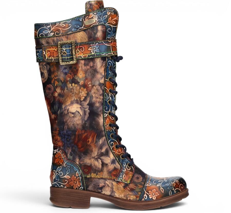 Laura vita Dames Blauwe Bloemen Victoriaans Leren High Combat Long Laarzen Anitao-21