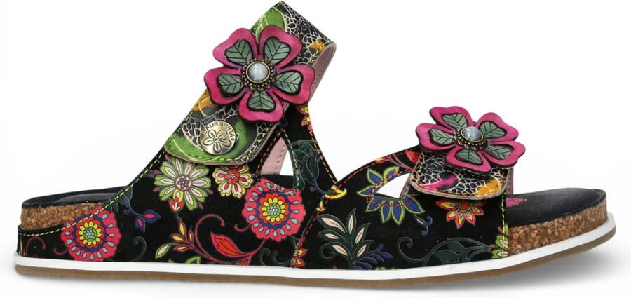 Laura vita Dames Brcyano 32 Zwarte Leren Sandalen met Bloemenprint en Bandjes