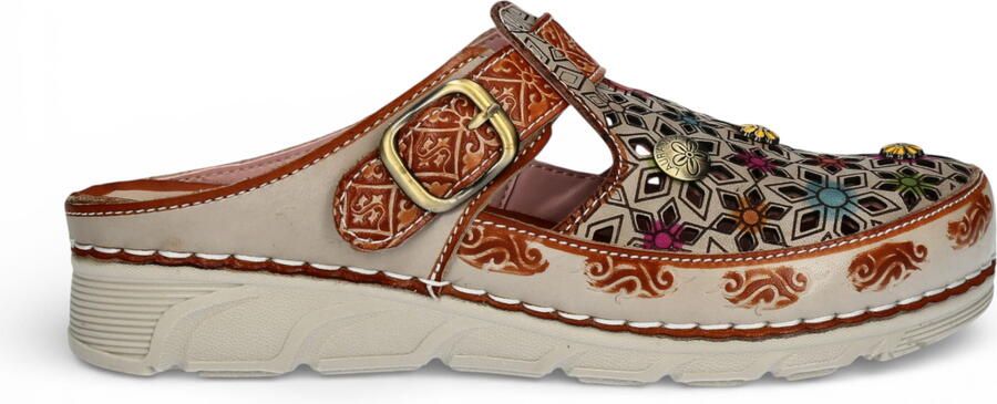 Laura vita Dames Dorry 01 Bloemen Beige Leren Sleehak Slippers