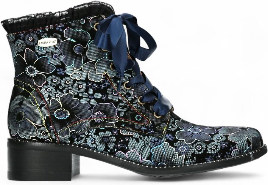 Laura vita Emcmao-45 Blauwe bloemen dames gotische Victoriaanse leren enkellaarsjes met hak