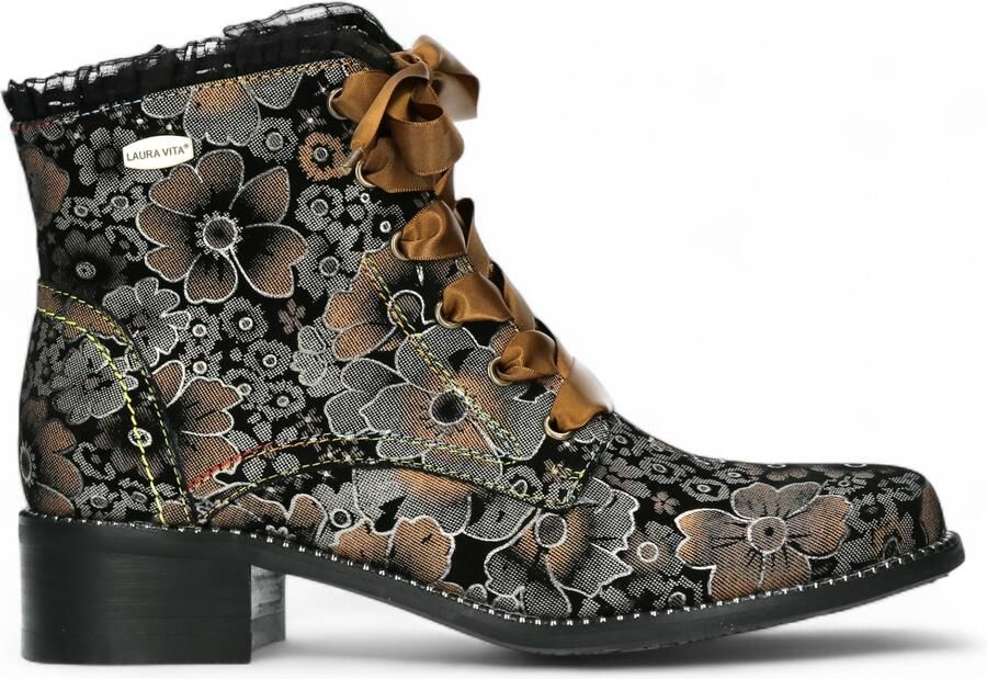 Laura vita Emcmao-45 Bruine bloemenprint dameslaarzen met gothic victoriaanse leren enkellaarsjes met hak