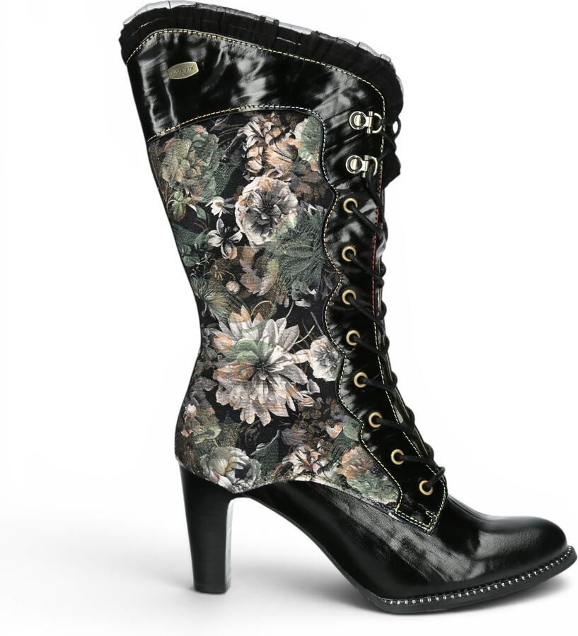 Laura vita Floral Goth Victoriaanse Zwarte Leren Hoge Laarzen met Hoge Hakken Alcbane-351