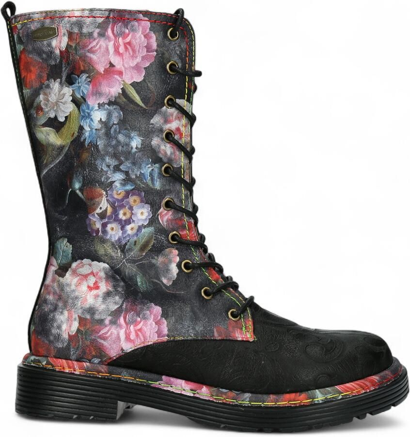 Laura vita Incaso-18 Zwarte Bloemen Dames Gothic Victoriaanse Leren Hoge Laarzen