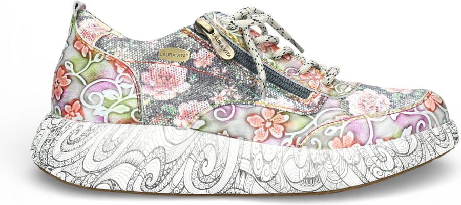 Laura vita Nikito 62 dames sneakers met grijze bloemenprint van leer en platformzool.