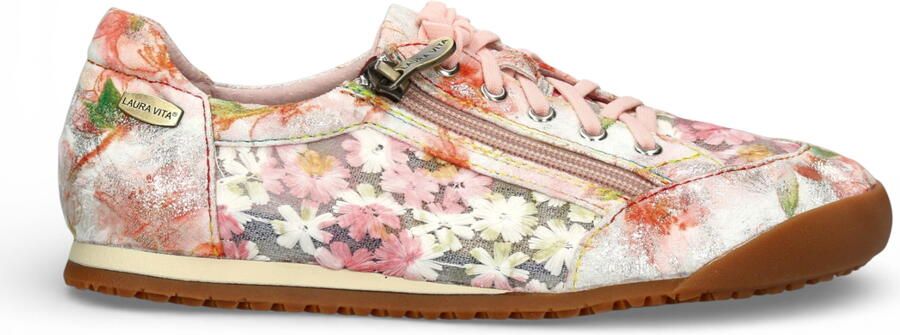 Laura vita Tivanao-05 dames sneakers met roze bloemenprint en ritssluiting gemaakt van leer.