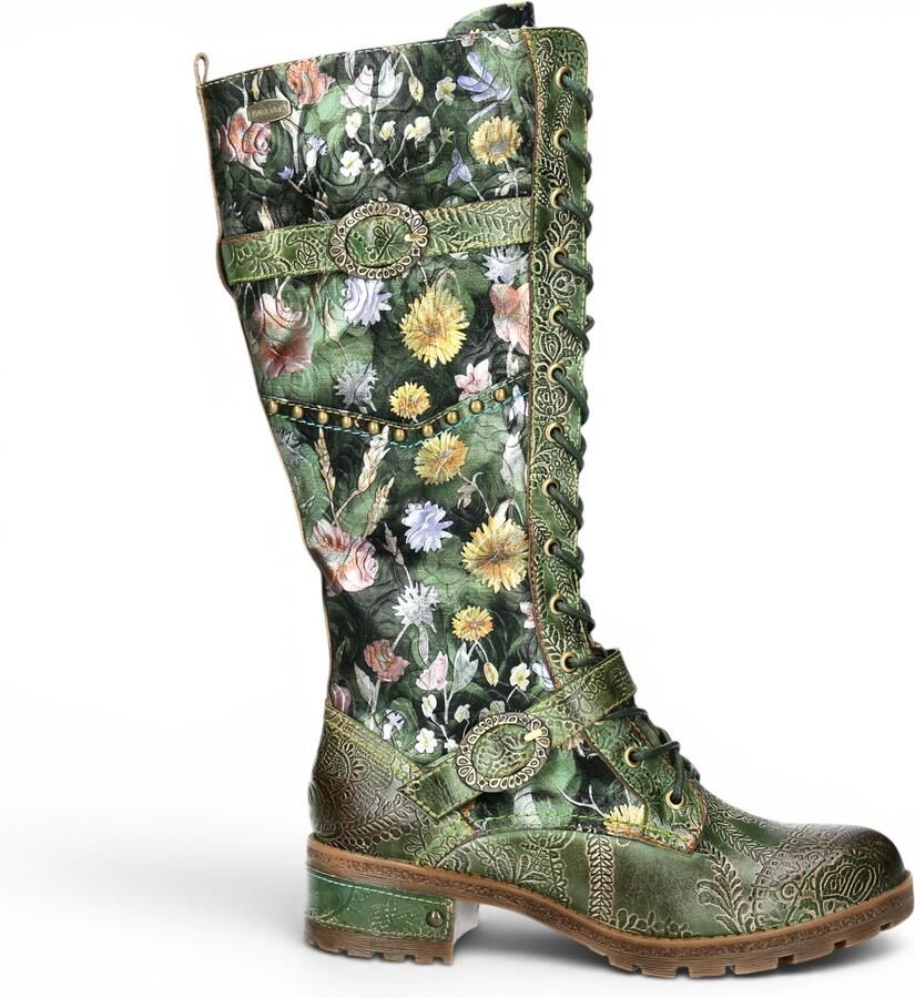 Laura vita Victoriaanse Floral Green Leren Hoge Veterlaarzen Cocrailo-82