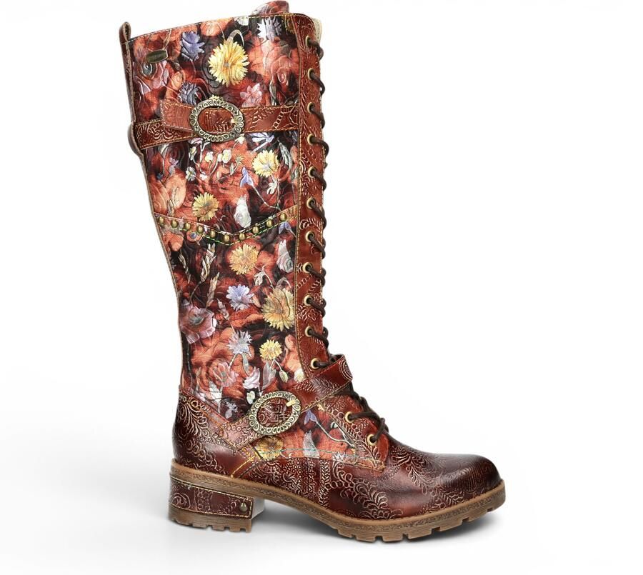 Laura vita Victoriaanse Floral Maroon Leather High Strike-Up lange laarzen Cocrailo-82