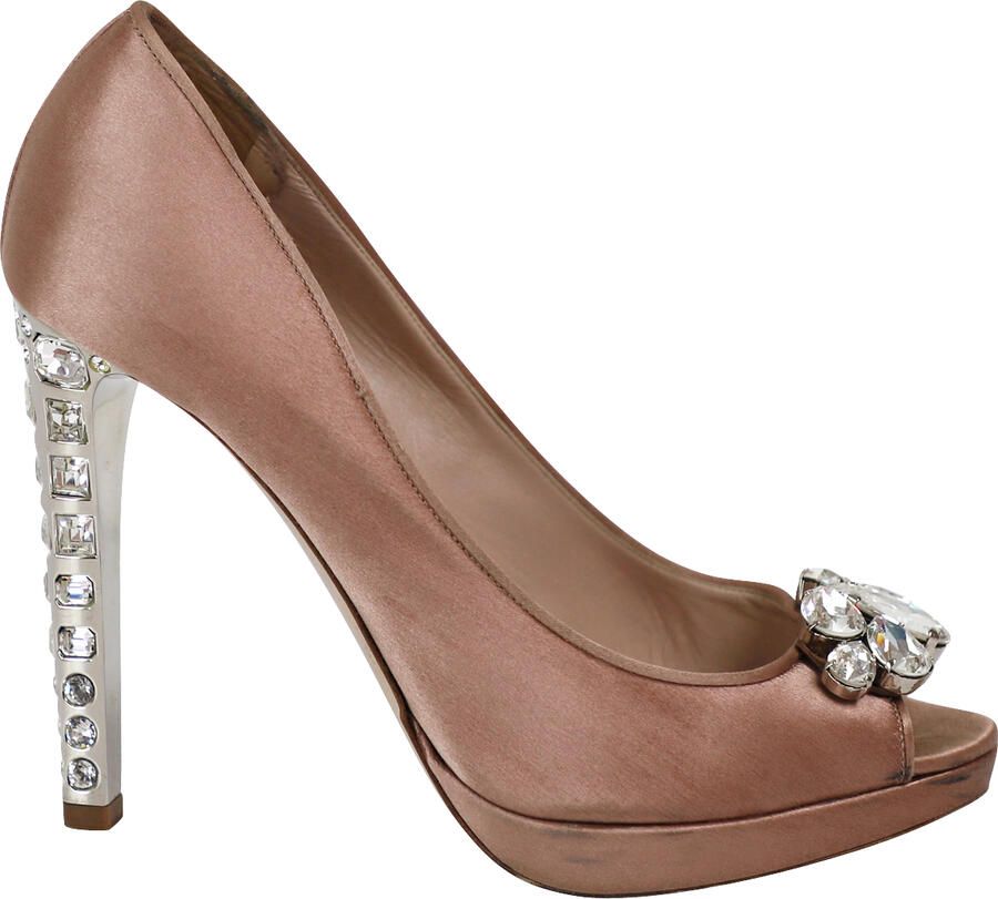 Miu Pre-owned Miu Kristal Versierde Peep Toe Platform Pumps in Nude Satijn