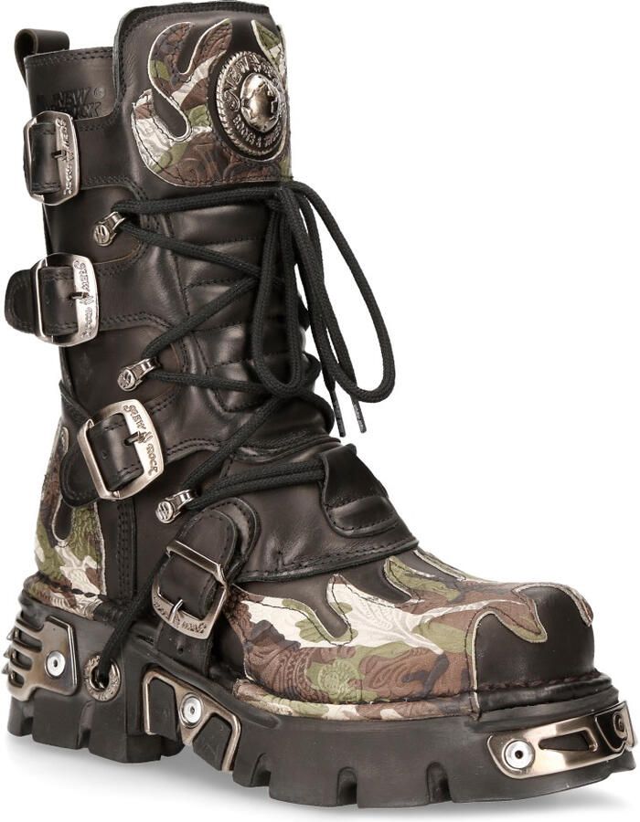 New Rock Flame geaccentueerde leren motorlaarzen met camouflagemotief M-591-S15