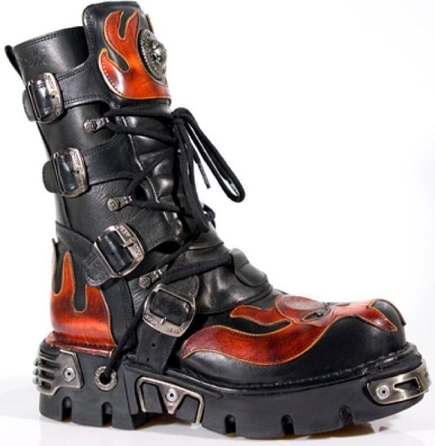 New Rock Flame geaccentueerde zwart rode leren biker-schedellaarzen 107-S1