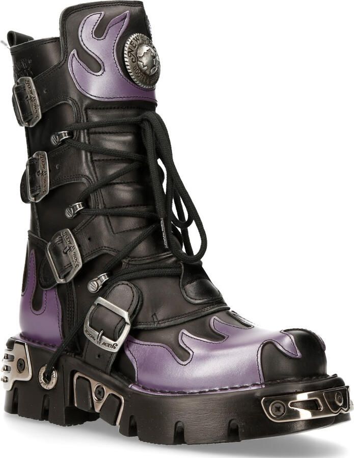 New Rock Flame geaccentueerde zwart rode leren biker-schedellaarzen M-591-S5