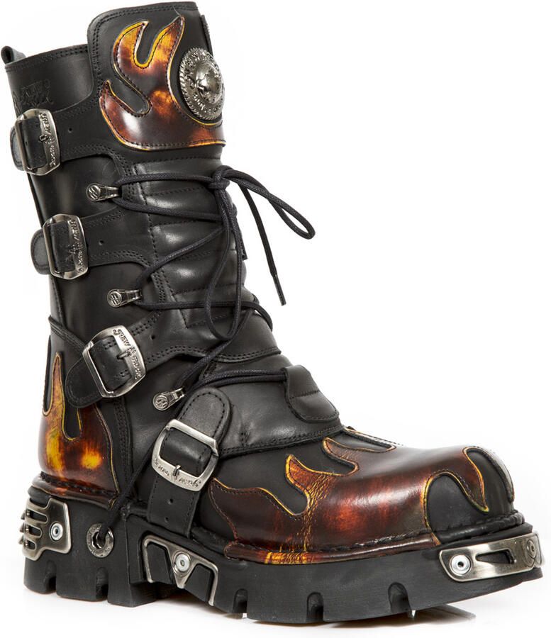 New Rock Flame geaccentueerde zwart rode leren laarzen 591-S1
