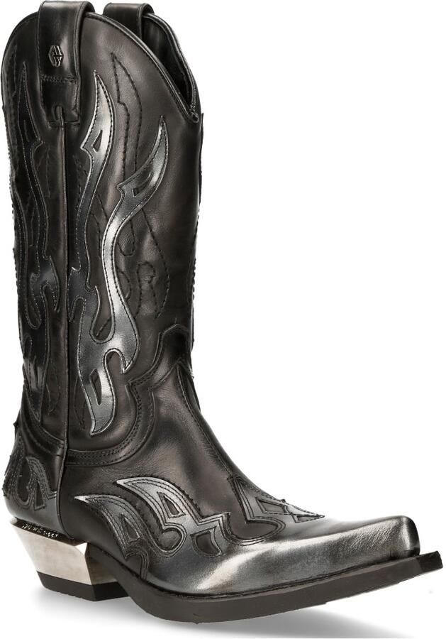 New Rock Flame geaccentueerde zwart zilver lederen biker cowboylaarzen M-7921-S3