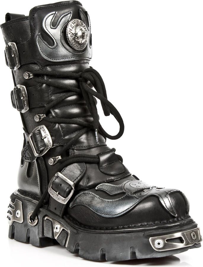 New Rock Flame geaccentueerde zwart zilver lederen bikerlaarzen 107-S2