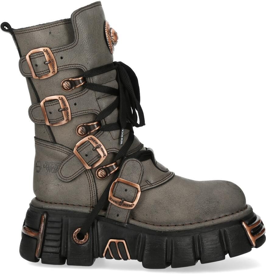 New Rock grijze bruine leren gothic bikerlaarzen tot halverwege de kuit M-373XL-C119
