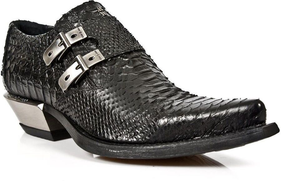 New Rock reliëf Python zwart lederen gesp schoenen-7934-S2