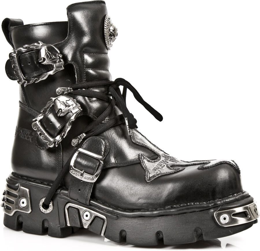 New Rock Silver Cross zwart lederen bikerlaarzen-407-S1