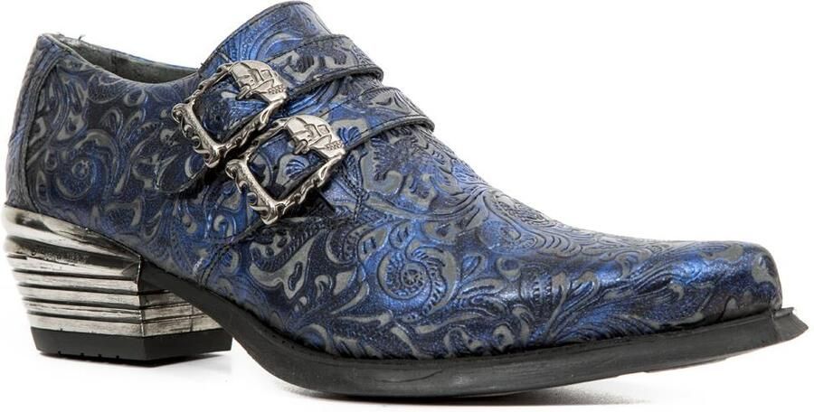 New Rock vintage blauwe leren schoenen met bloemengesp-7960-S7