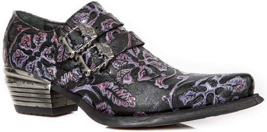 New Rock Vintage paarse bloemen lederen gesp schoenen-7960-S8