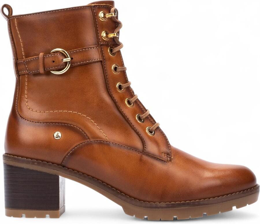 Pikolinos dames brandy bruine leren enkellaarsjes met middelhoge hak Llanes