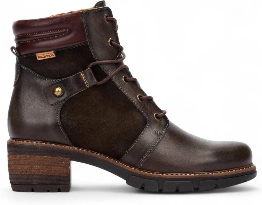 Pikolinos Dames Forest Brown Leren Enkellaarsjes met Rits en Veterhak San Sebastián