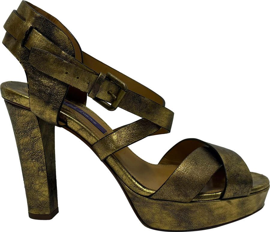 Ralph Lauren Pre-owned Ralph Lauren metallic Estrid platform sandalen met enkelbandje in goudkleurig leer