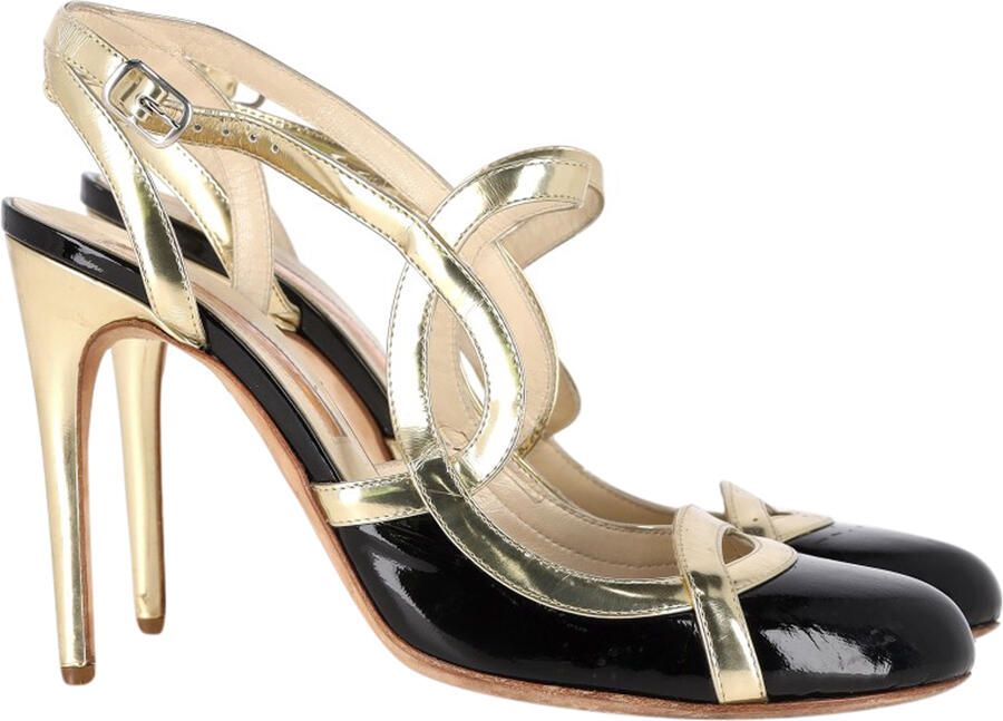Rupert Sanderson Ronde-Neus Slingback Pumps in Zwart en Gouden Lederen
