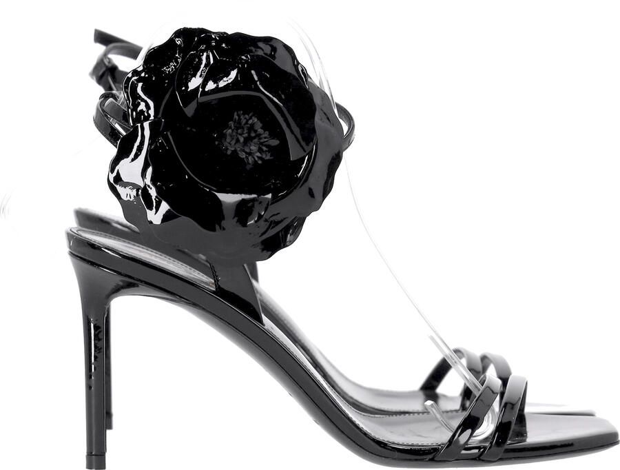 Saint Laurent Pre-owned Saint Laurent Amber Flower-corsage Sandalen In Zwart Glanzend Leer