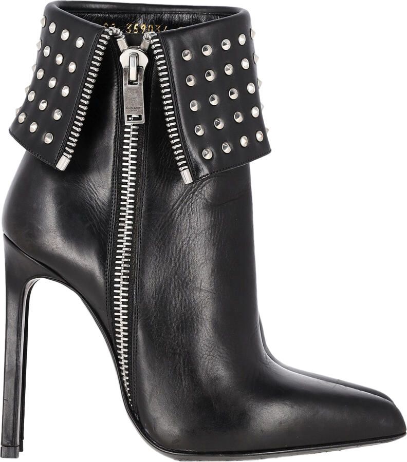Saint Laurent Pre-owned Saint Laurent Paris Vouw Over Studded Enkellaarsjes in Zwart Leer