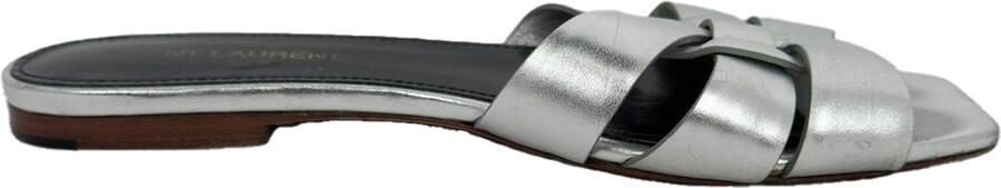 Saint Laurent Pre-owned Saint Laurent Tribute Geweven Metallic Slides in Zilver Leder