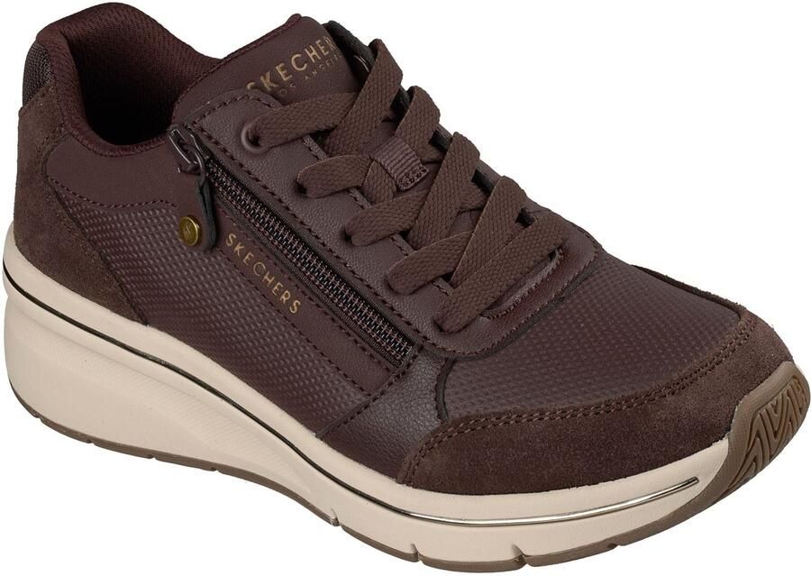 Skechers Billion Flex Luxe Up Leder Dames Chocolade Duraleather Mesh Sneakers