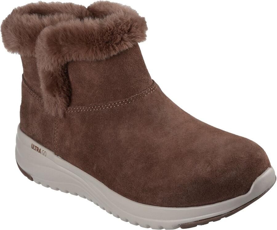 Skechers On-the-GO Stellar Cozy Step Leer Dames Chocolade Winter Enkellaarsjes