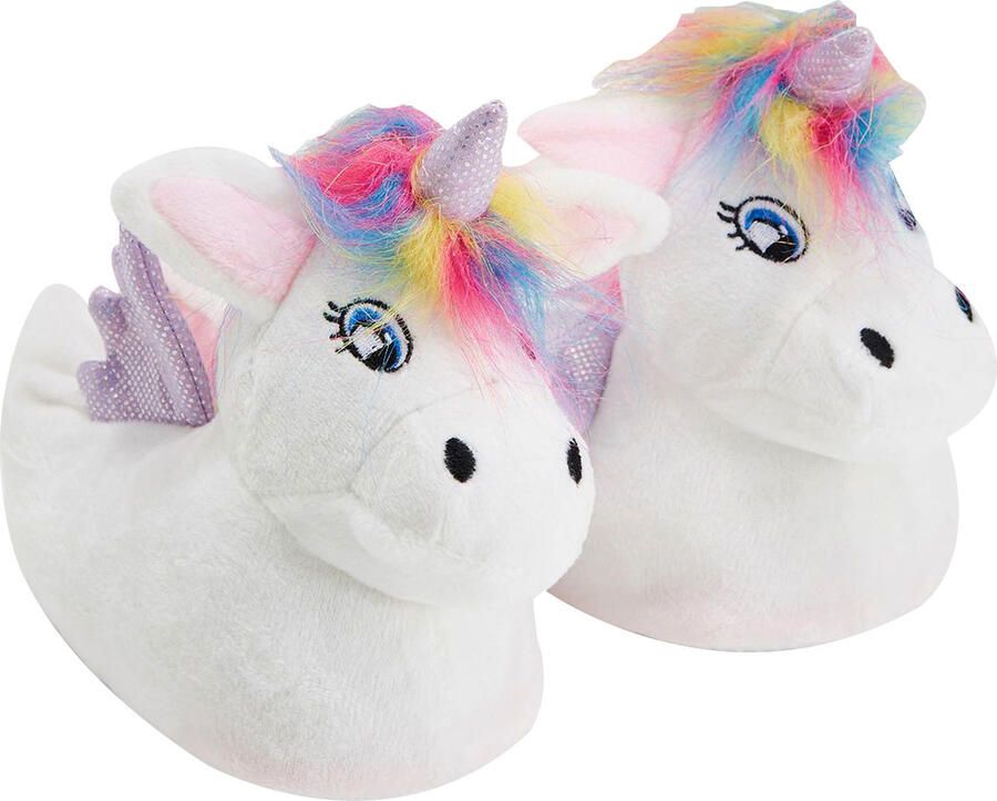 Slipper Snob Eenhoorn pluche pantoffels voor kinderen met regenbooghaar Wit