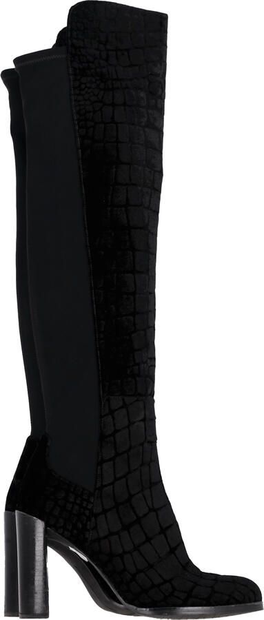 Stuart Weitzman Pre-owned Stuart Weitzman Krokodillenprint Knielange Hakkenlaarzen in Zwart Fluweel