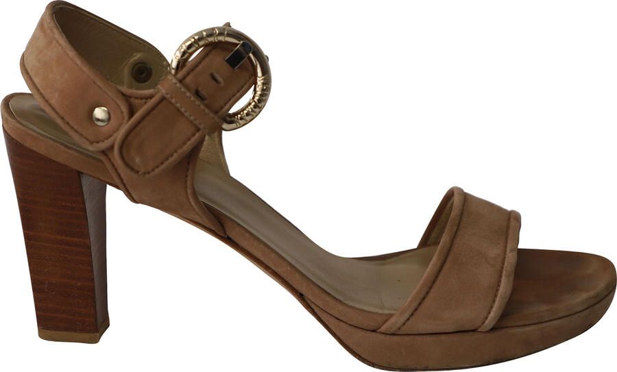 Stuart Weitzman Pre-owned Stuart Weitzman Open-Toe Strappy Blokhakken in Bruin Suède
