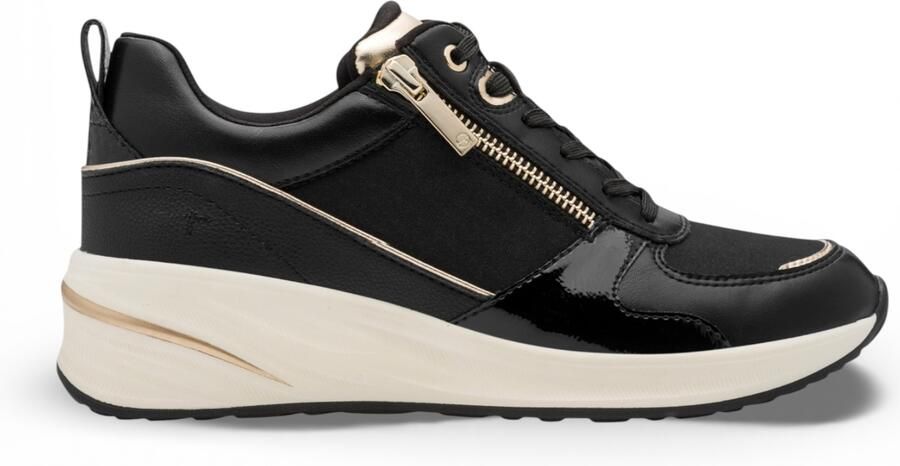 Tamaris dames hardloopschoenen met platformzool zwart en goudkleurig met ritssluiting en vetersluiting.