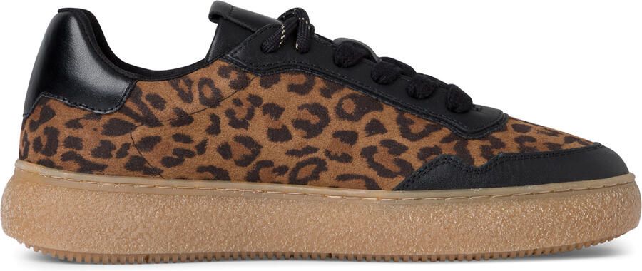 Tamaris Dames Luipaard Zwarte Leren Mode Gestreepte Veterschoenen