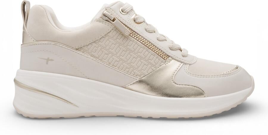 Tamaris dames witte en gouden platform sneakers met ritssluiting en vetersluiting.