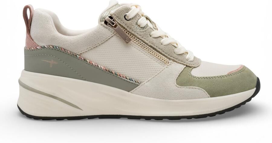 Tamaris dames witte en groene platform sneakers met ritssluiting en vetersluiting.