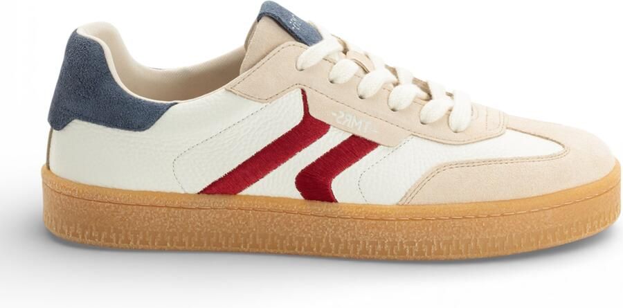 Tamaris heren sneakers van off-white leer met rode streep