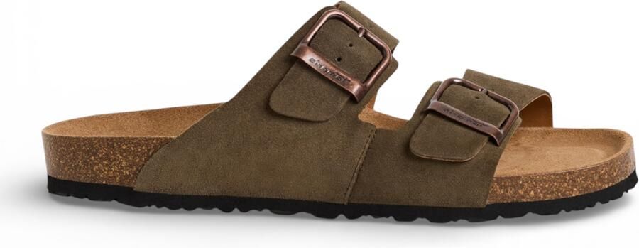 Tamaris herenslippers van olijfgroen leer met instapzool en voetbed.