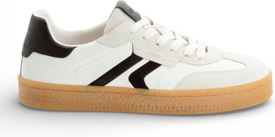 Tamaris herensneakers van wit leer met zwarte strepen