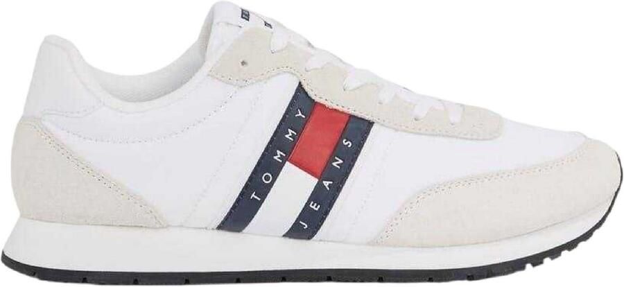 Tommy Jeans Heren TJM Classic hardloopschoenen van leer met vlaglogo (Wit Marine Rood)