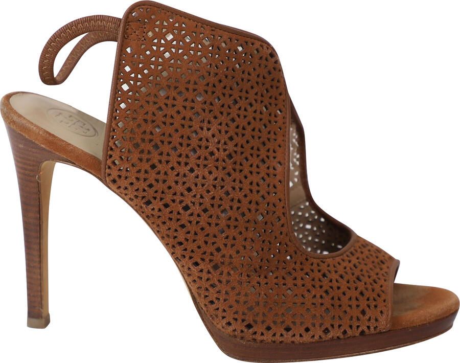 Tory Burch Pre-owned Tory Burch Laser Cut Peep-Toe Sandalen in Bruin Leer