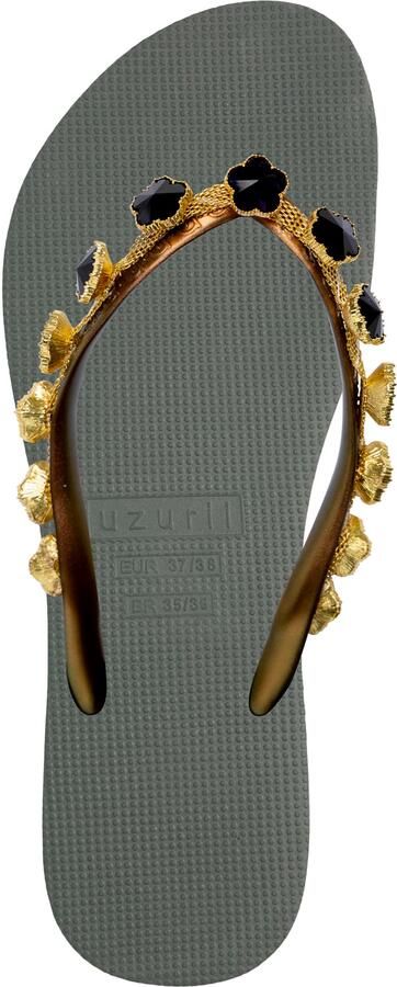 Uzurii Zwarte bloemen teenslippers legergroen